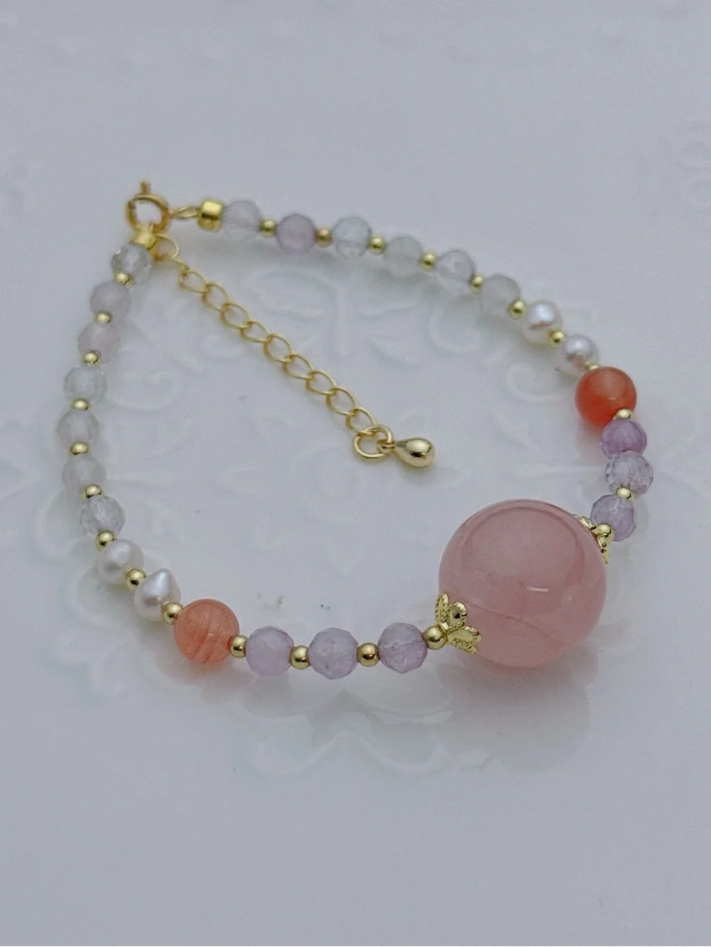 Handmade Rose Quartz Amethyst Freshwater Pearl Bracelet 6+2” GB93